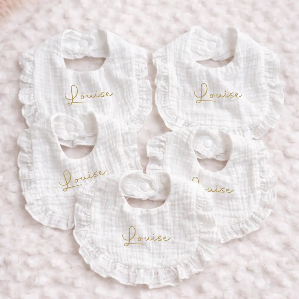 Lot 5 Bavoirs bébé blancs personnalisés Mousseline de coton