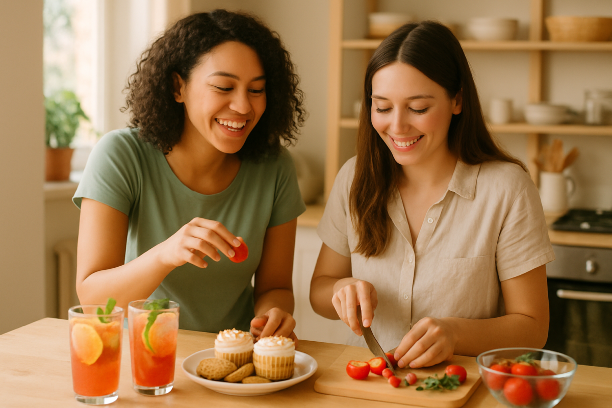 Cuisine colorée avec des gourmandises et des mocktails pour partager entre amies