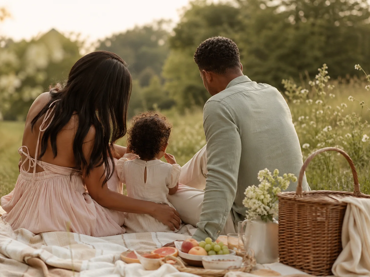 Famille mixte avec un enfant lors d'un pique-nique en extérieur dans une ambiance pastel