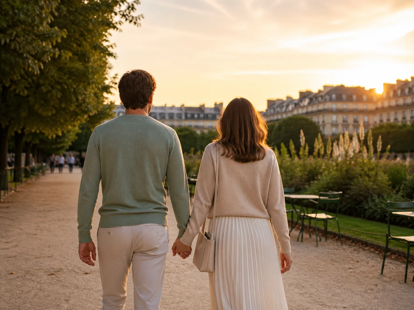 Couple mixte aux tenues assorties pastel marchant dans un parc parisien au coucher du soleil