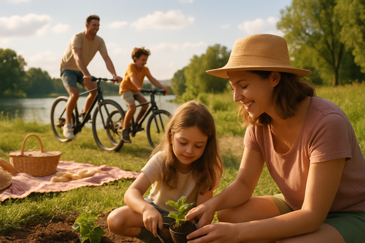 Activités familiales en extérieur par temps ensoleillé, comme un pique-nique au bord d'un lac