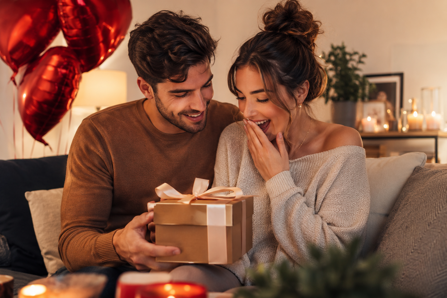 Couple échangeant un cadeau pour leur 1 an de couple