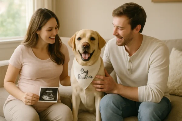 Annonce de grossesse originale avec un chien tenant une pancarte joyeuse et un écho en arrière-plan