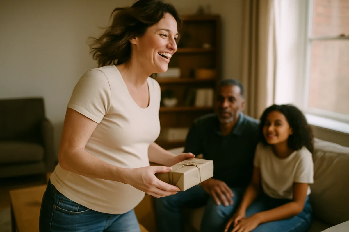 Moment de partage autour d'un cadeau de naissance original avec des amis et la famille