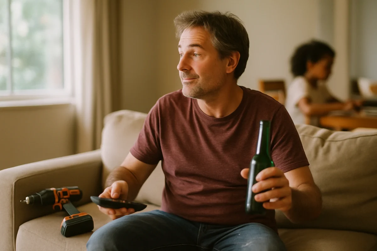 Papa bricoleur se détendant dans son atelier avec un livre et des outils à portée de main
