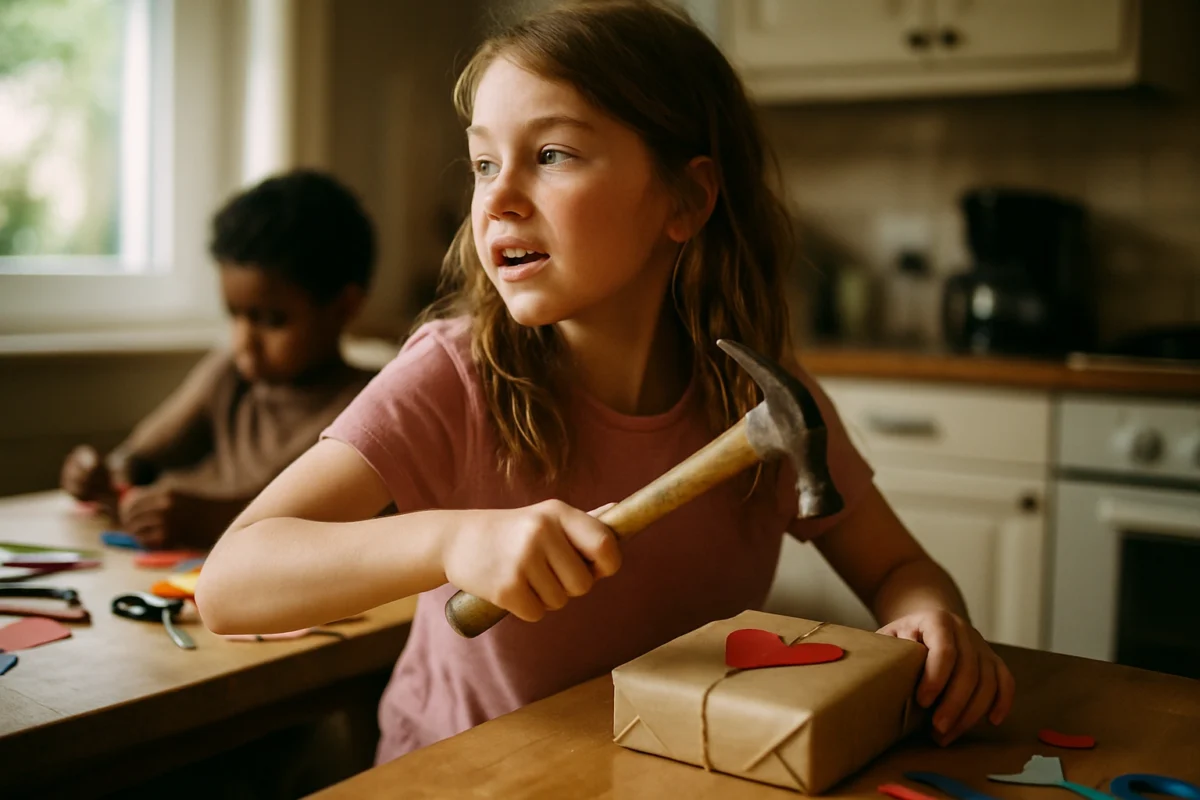 Enfants créant un cadeau fait main pour la fête des pères avec enthousiasme et créativité