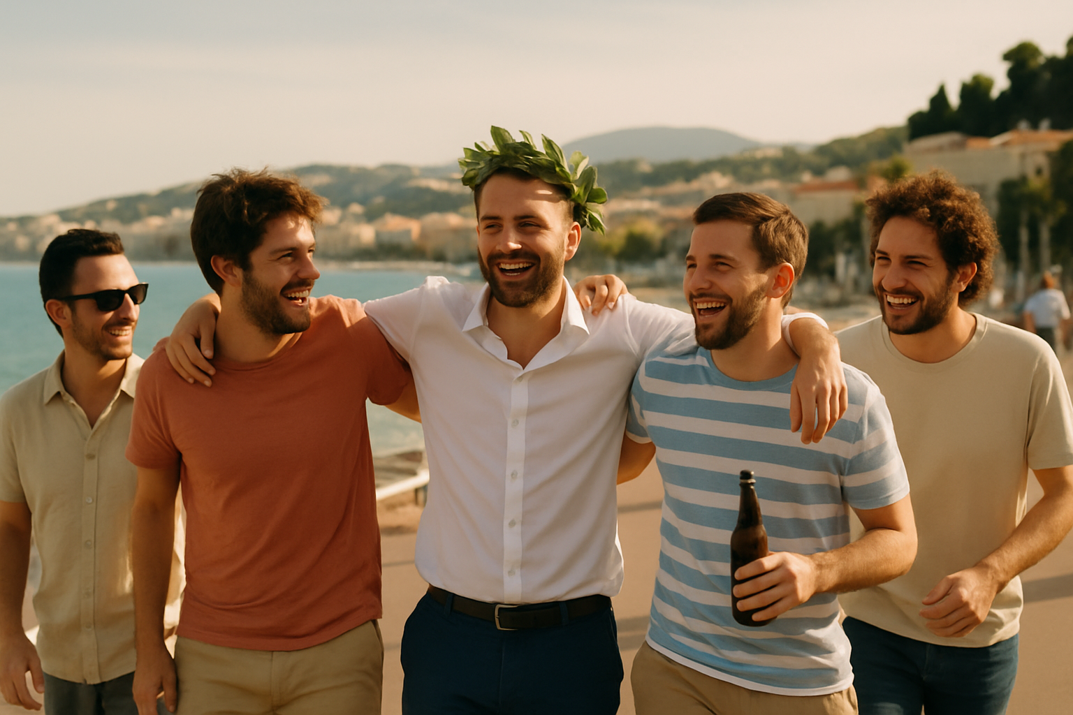 Groupe d'amis célébrant un EVG à Nice avec vue sur la Méditerranée et le Vieux-Nice animé