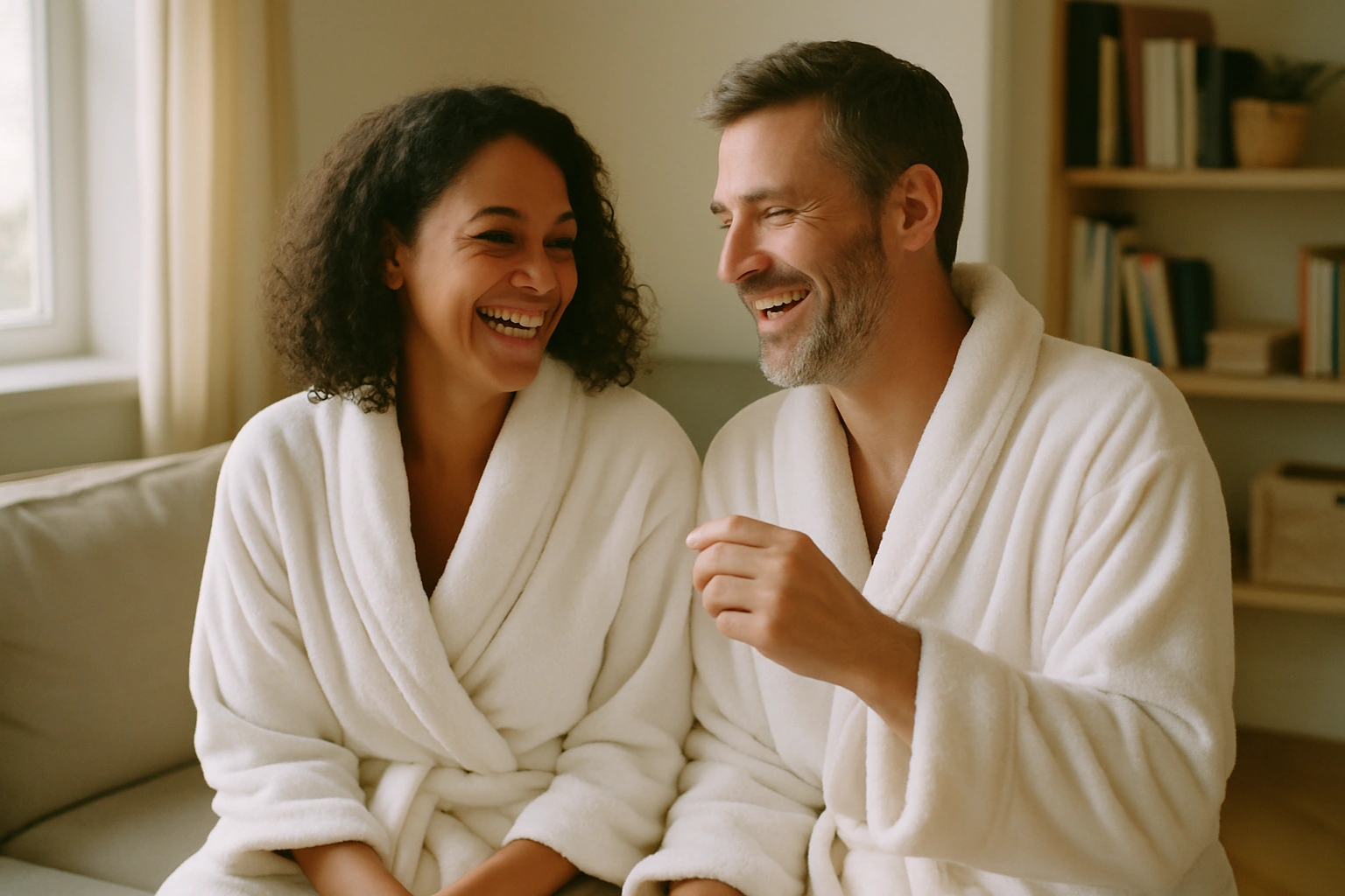 Couple en peignoirs confortables, idéal pour des soirées romantiques à la maison