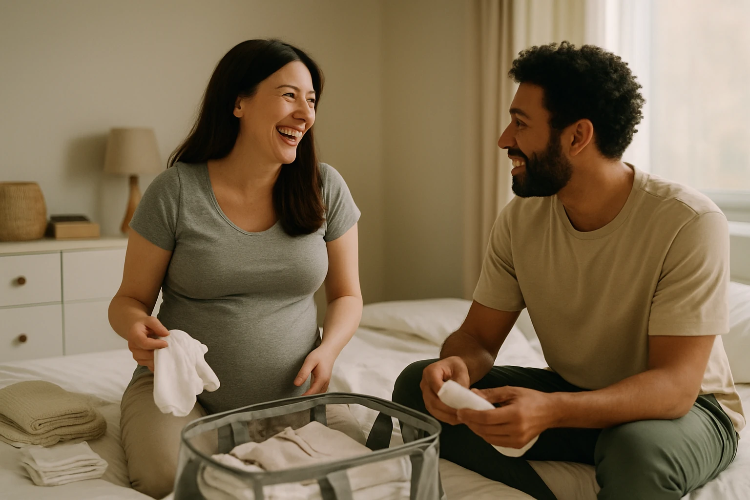 Checklist pour valise maternité avec trois sacs pour bébé, maman et co-parent