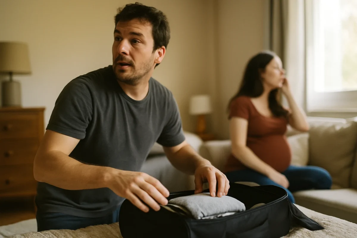 Valise du co-parent prête avec des essentiels pour soutenir la maman à l'hôpital
