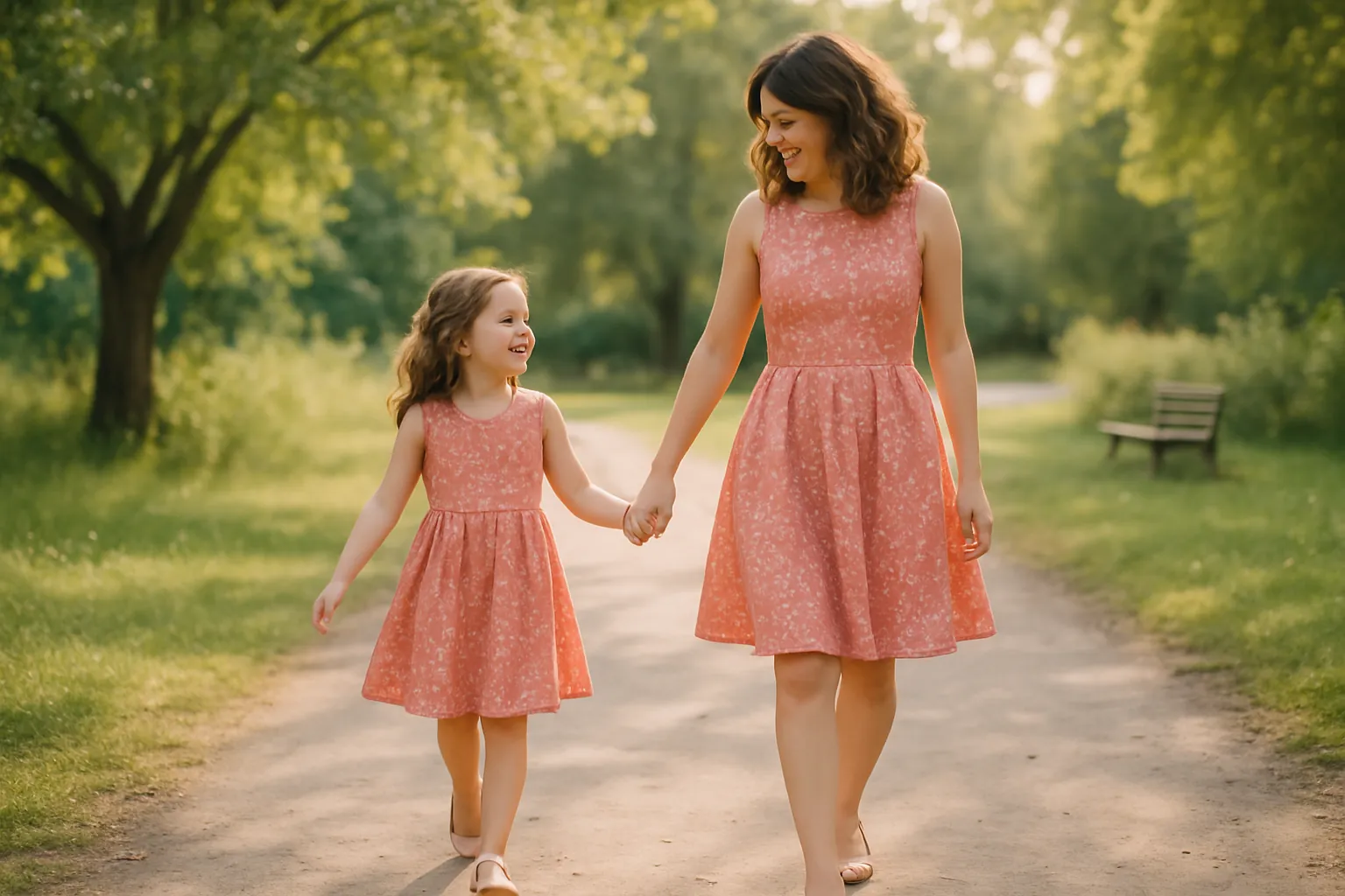 Maman et fille portant des robes assorties pour un look complice et élégant