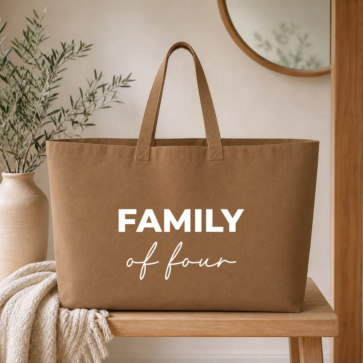 Sac cabas Personnalisé – Family of - sac camel texte blanc - Assortis Moi