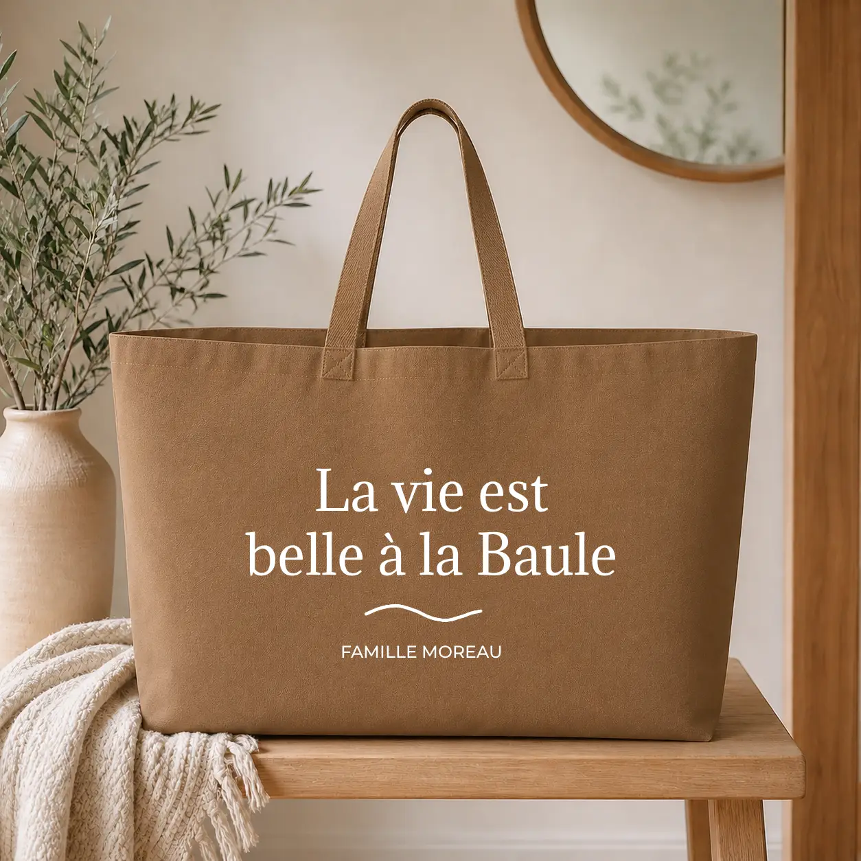 Sac cabas Personnalisé – La vie est belle à - sac camel texte blanc - Assortis Moi