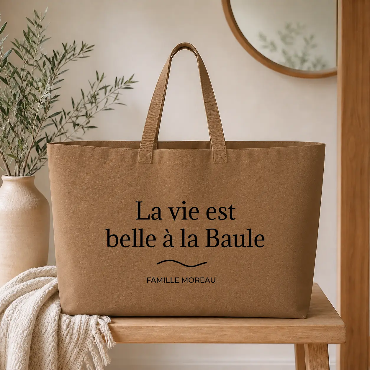 Sac cabas Personnalisé – La vie est belle à - sac camel texte noir - Assortis Moi