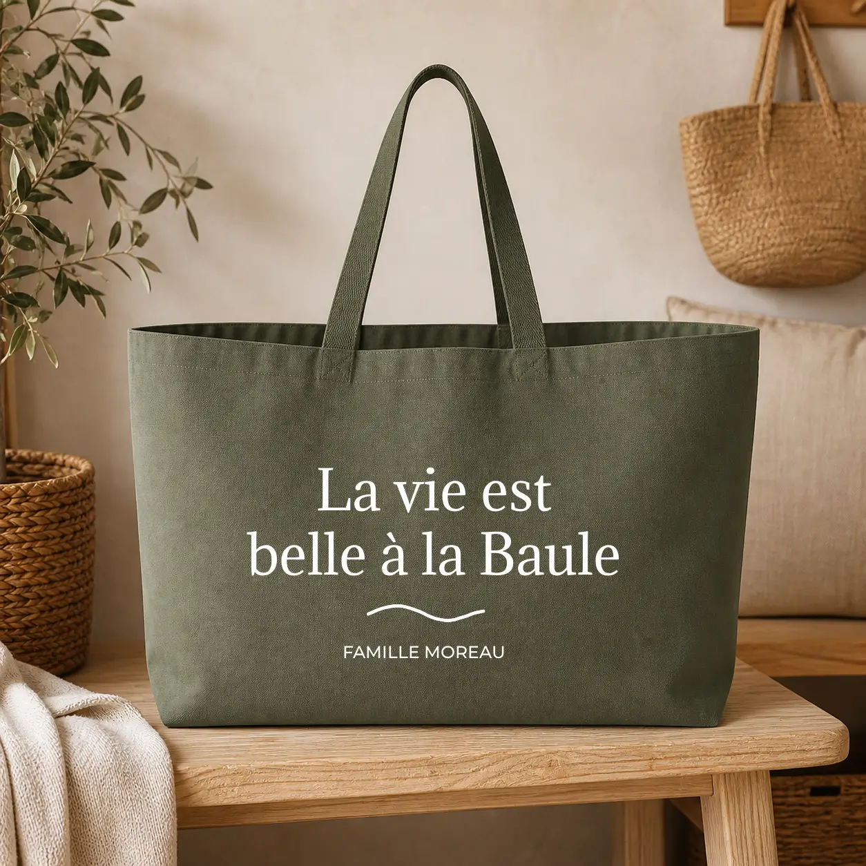 Sac cabas Personnalisé – La vie est belle à - sac kaki texte blanc - Assortis Moi