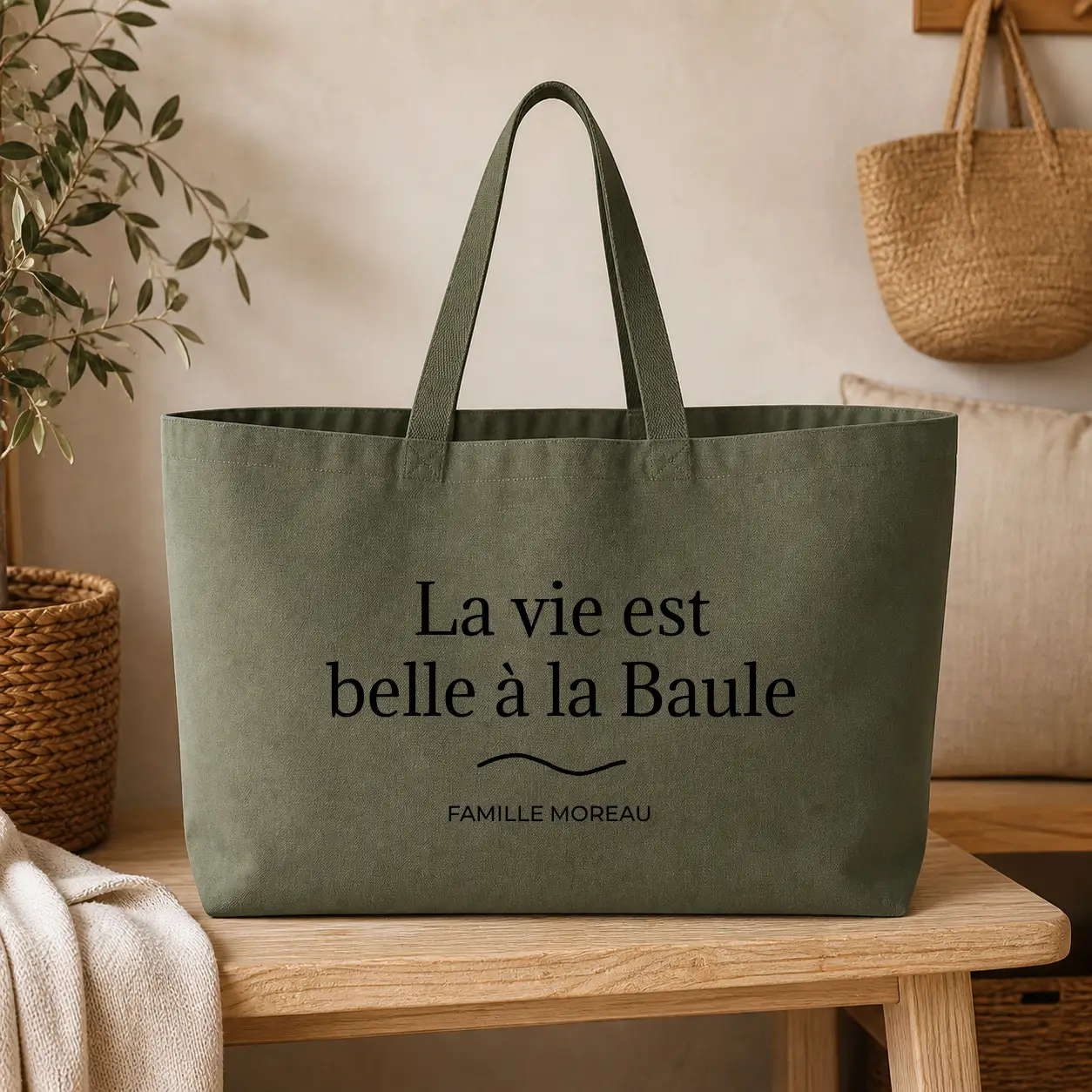 Sac cabas Personnalisé – La vie est belle à - sac kaki texte noir - Assortis Moi
