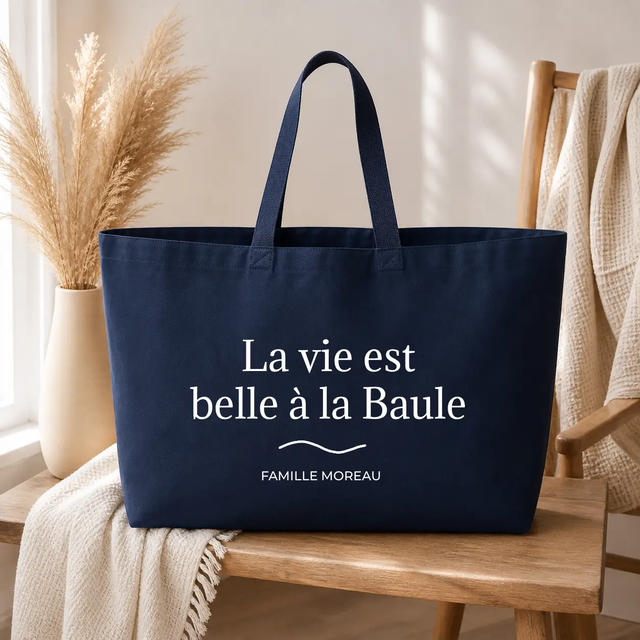 Sac cabas Personnalisé – La vie est belle à - sac marine texte blanc - Assortis Moi