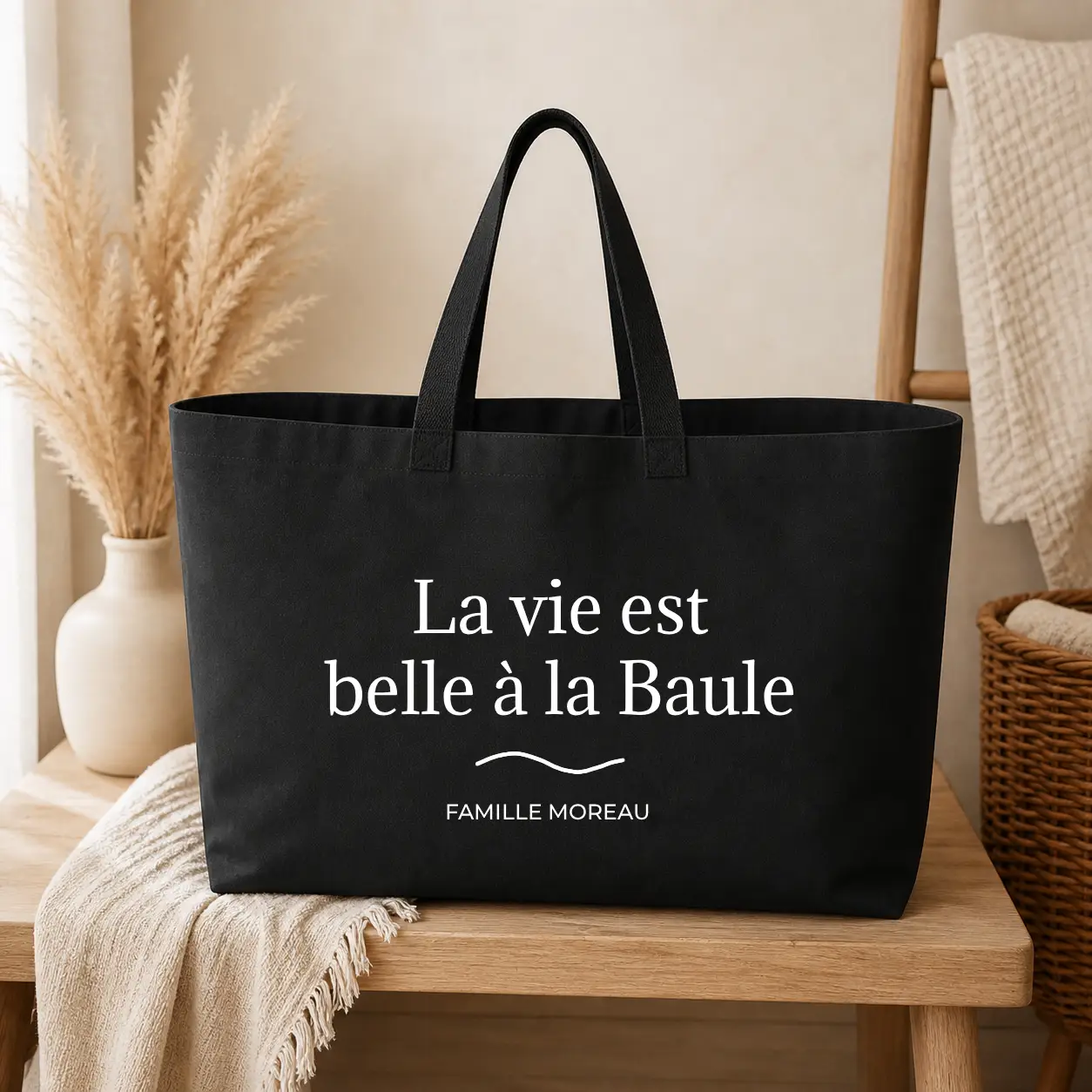 Sac cabas Personnalisé – La vie est belle à - sac noir texte blanc - Assortis Moi
