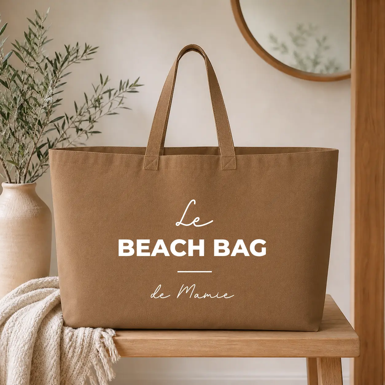 Sac cabas Personnalisé – Le beach bag de Mamie - sac camel texte blanc - Assortis Moi