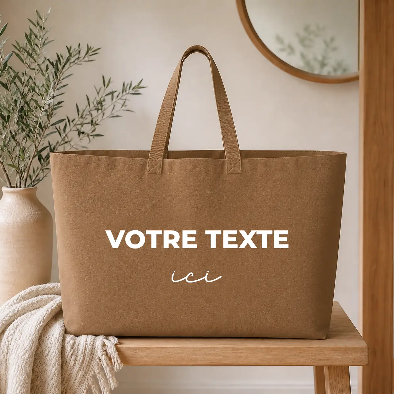 Sac cabas Personnalisé – Sac cabas prénom - sac camel texte blanc - Assortis Moi