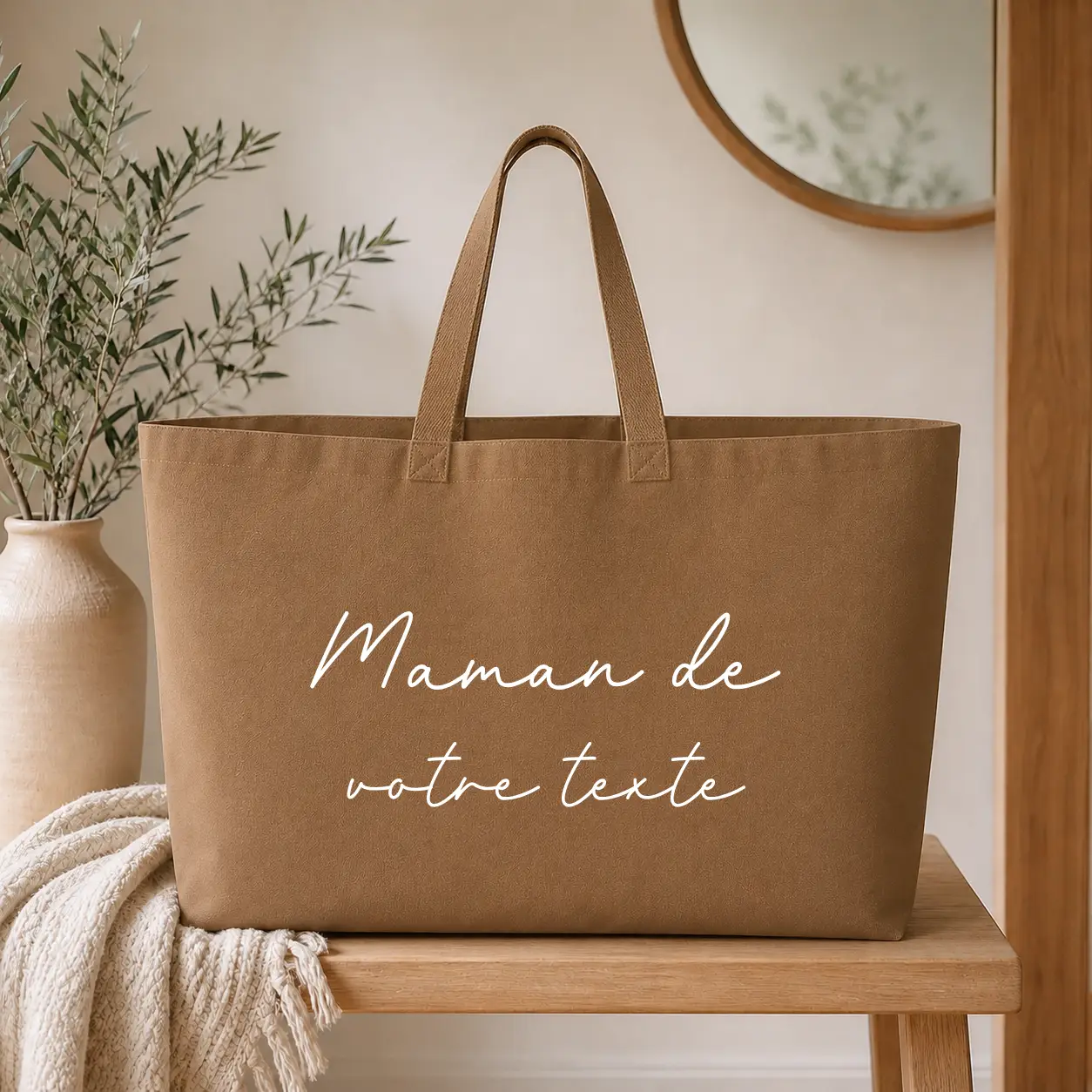 Sac cabas Personnalisé – Sac Maman personnalisé prénom - sac camel texte blanc - Assortis Moi