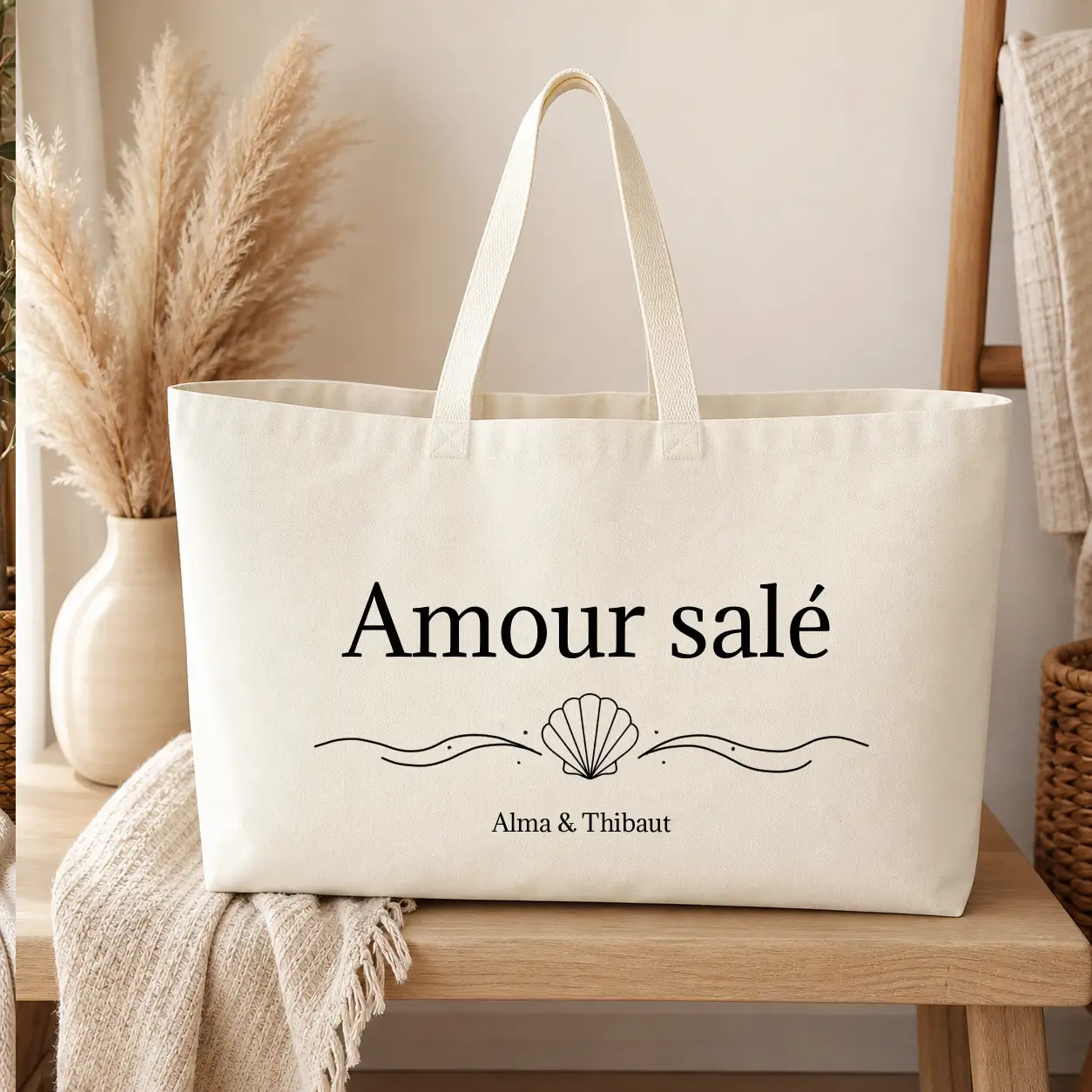 Sac de plage Personnalisé – Amour salé couple - sac écru texte noir - Assortis Moi