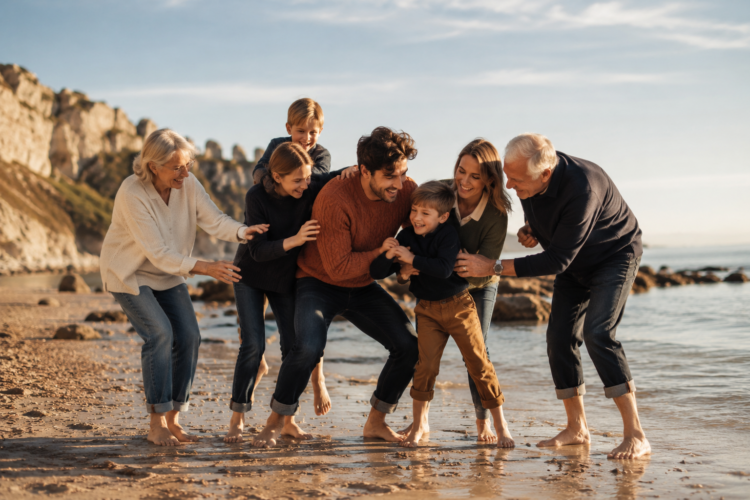 Photo de famille originale : trois générations qui rient ensemble sur la plage en tenues assorties