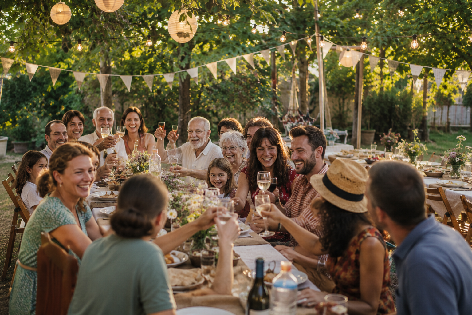 Réunion de famille à thème champêtre dans un jardin avec guirlandes et tablée conviviale