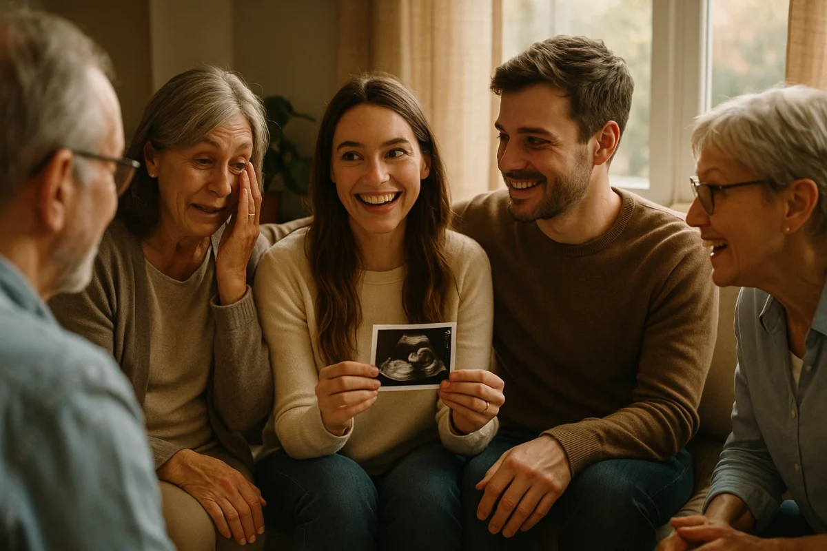 Annonce de grossesse jumeaux en famille avec des sourires et des émotions partagées