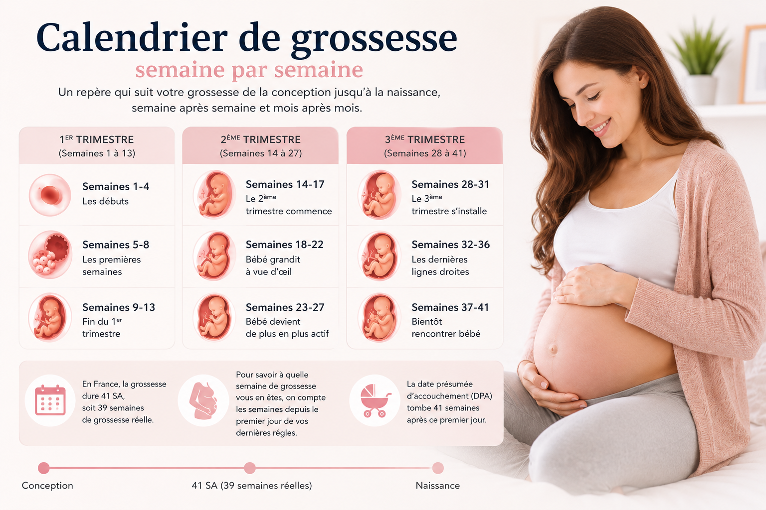Calendrier de grossesse semaine par semaine : infographie des 3 trimestres et du suivi mois par mois