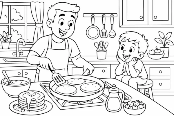 Coloriage de papa cuisinant avec son enfant