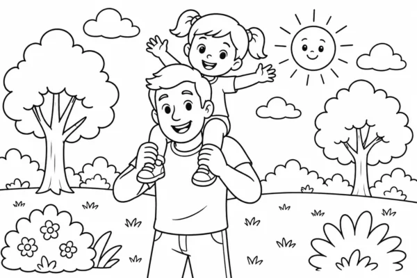 Coloriage de papa portant sa fille sur ses épaules