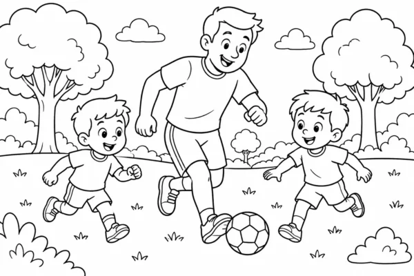 Coloriage de papa jouant au football avec son fils