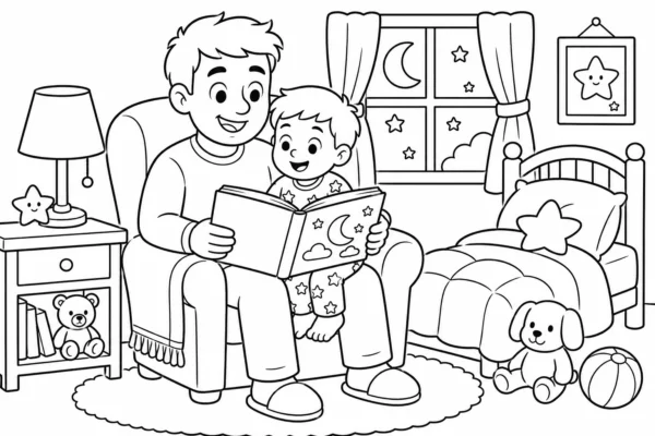 Coloriage de papa lisant une histoire à son enfant