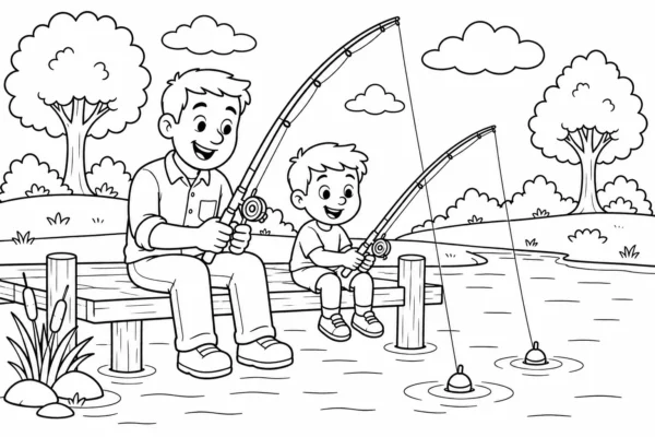 Coloriage de papa et son enfant à la pêche