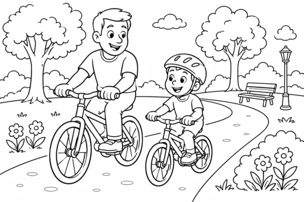 Coloriage de papa et son enfant à vélo dans un parc, pour la fête des pères
