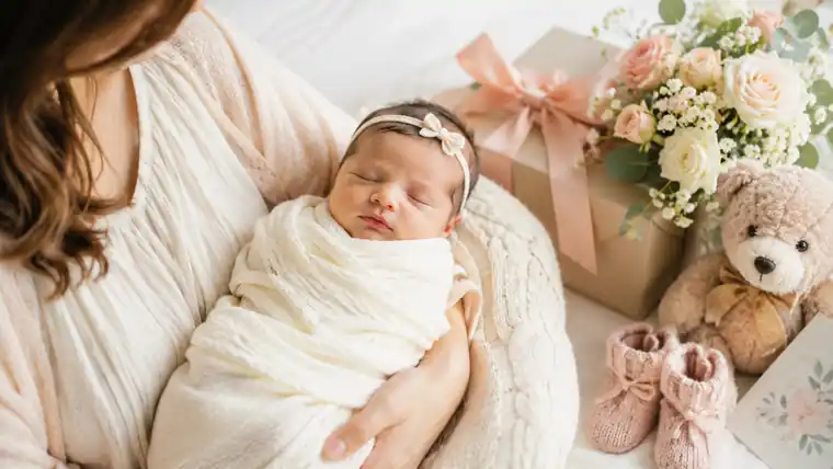 Maman tenant son nouveau-né emmailloté entouré de cadeaux de naissance, fleurs et chaussons roses — félicitations naissance