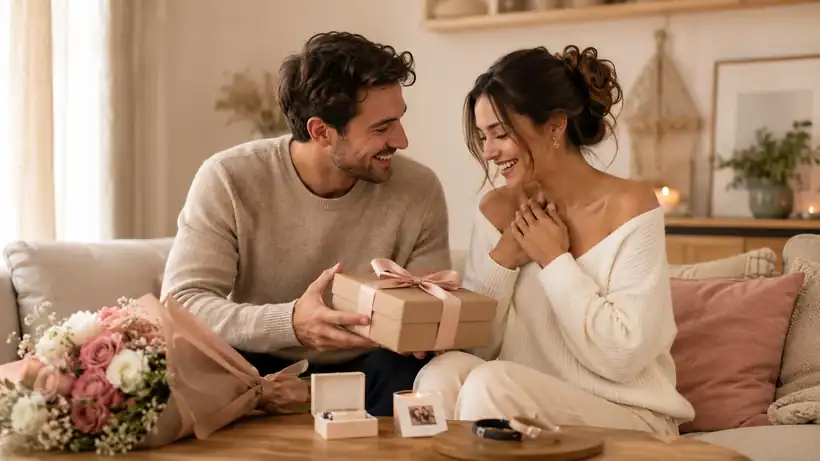 Homme offrant un cadeau emballé à sa compagne souriante dans un salon cosy, bouquet de fleurs et bijoux — idées cadeau couple