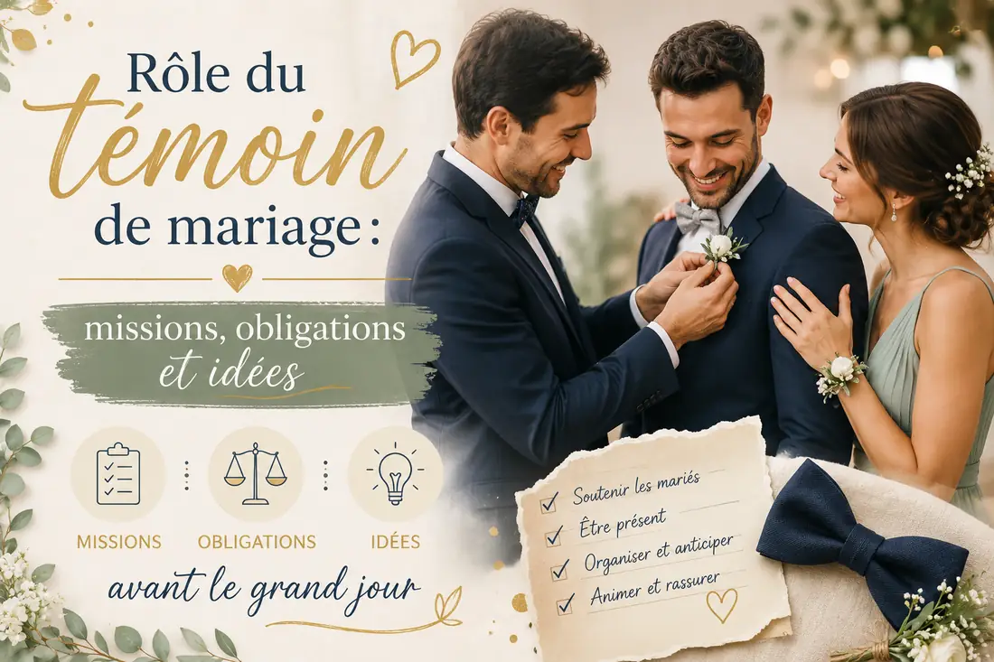 Rôle du témoin de mariage : un témoin épingle la boutonnière du marié avant le grand jour