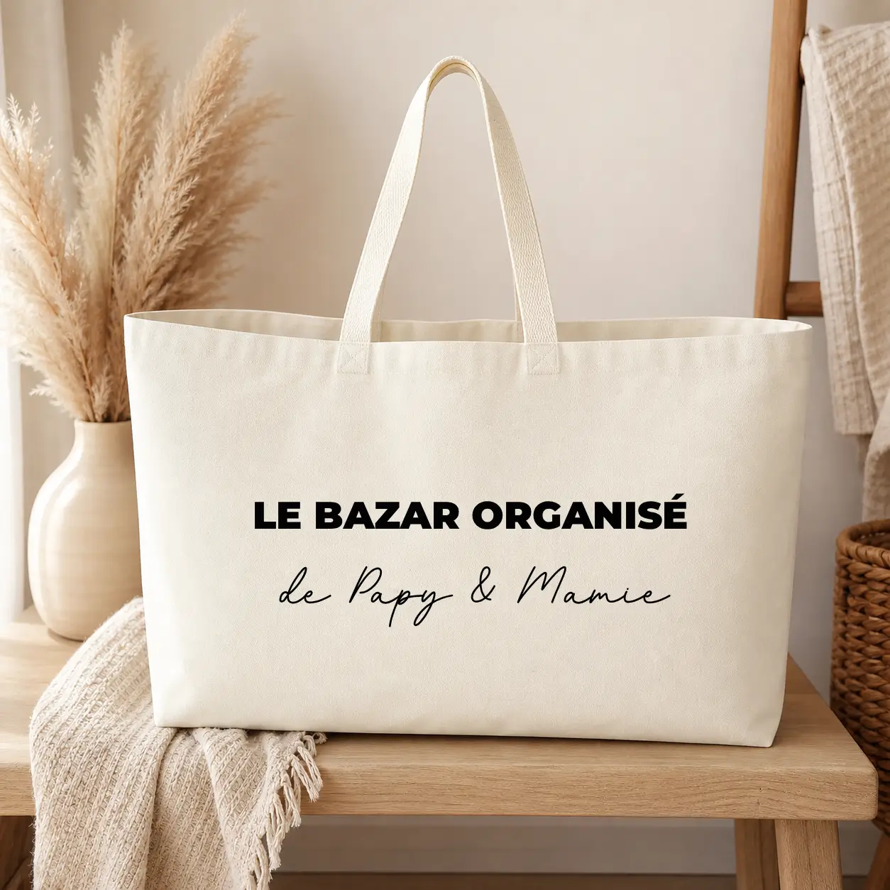 Sac de plage Personnalisé – Bazar organisé de Papy & Mamie - sac écru texte noir - Assortis Moi