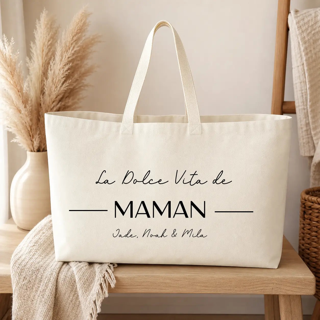 Sac de plage Personnalisé – La dolce vita de Maman - sac écru texte noir - Assortis Moi