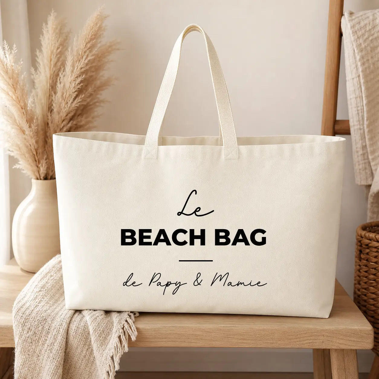 Sac de plage Personnalisé – Le beach bag de Papy & Mamie - sac écru texte noir - Assortis Moi
