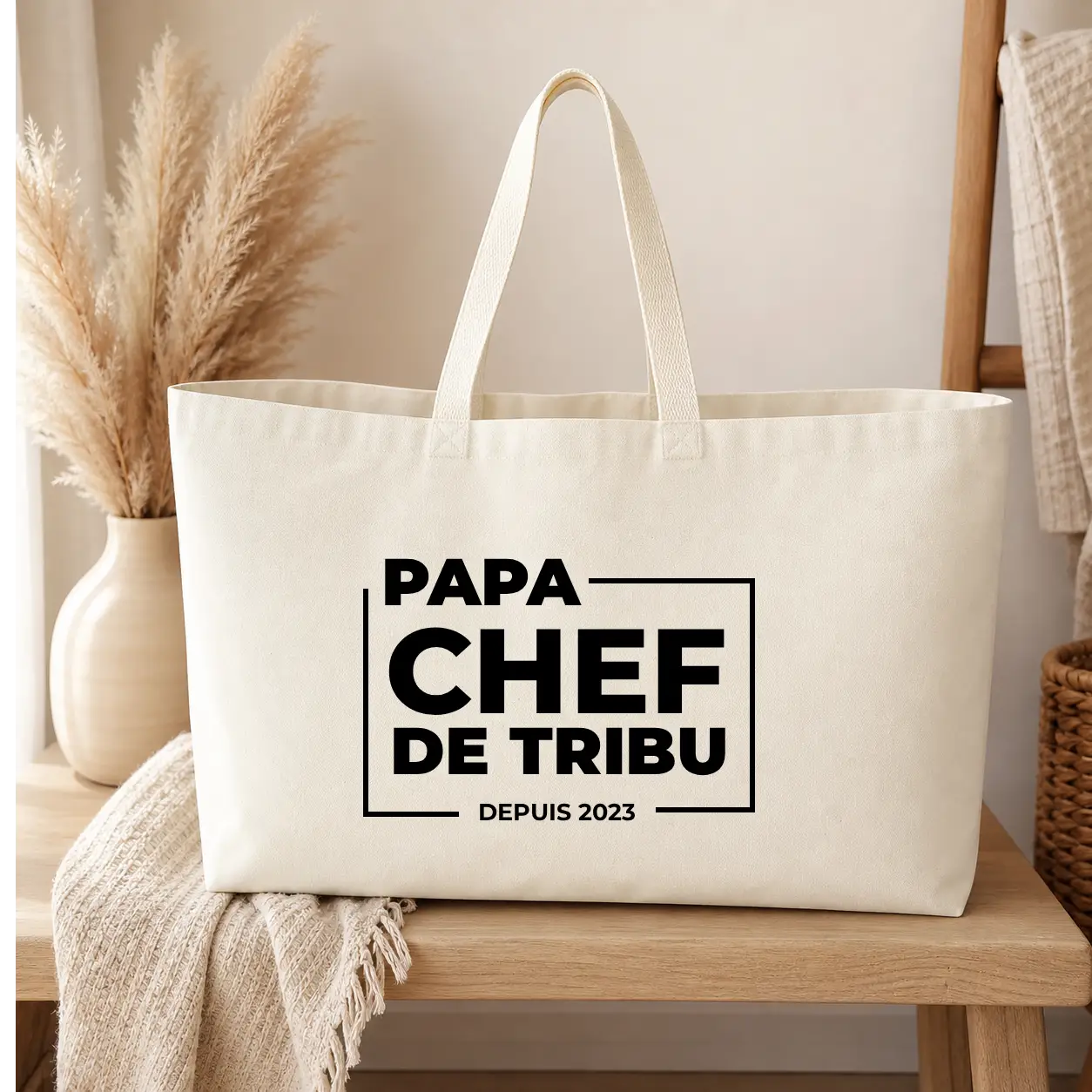 Sac de plage Personnalisé – Papa chef de tribu - sac écru texte noir - Assortis Moi