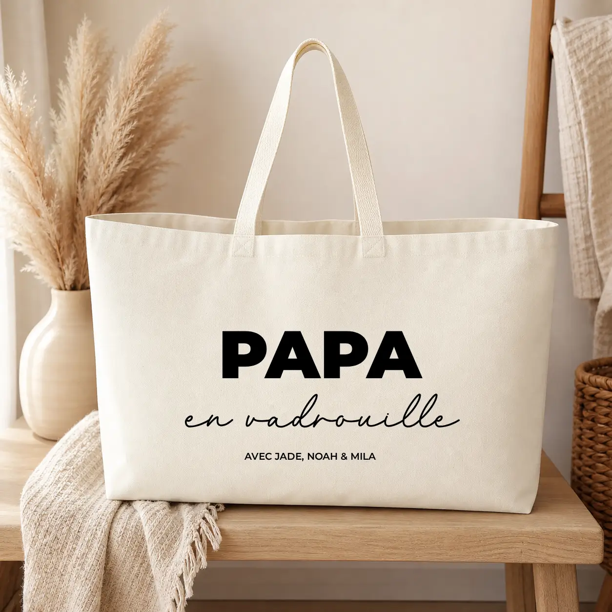Sac de plage Personnalisé – Papa en vadrouille avec - sac écru texte noir - Assortis Moi