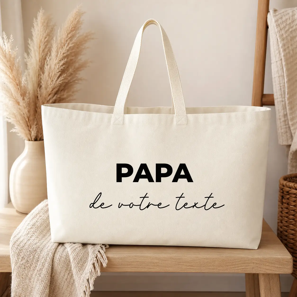 Sac de plage Personnalisé – Papa personnalisé prénom - sac écru texte noir - Assortis Moi