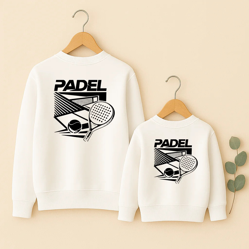 Sweat assorti Padel blanc avec grand visuel au dos, parent et enfant