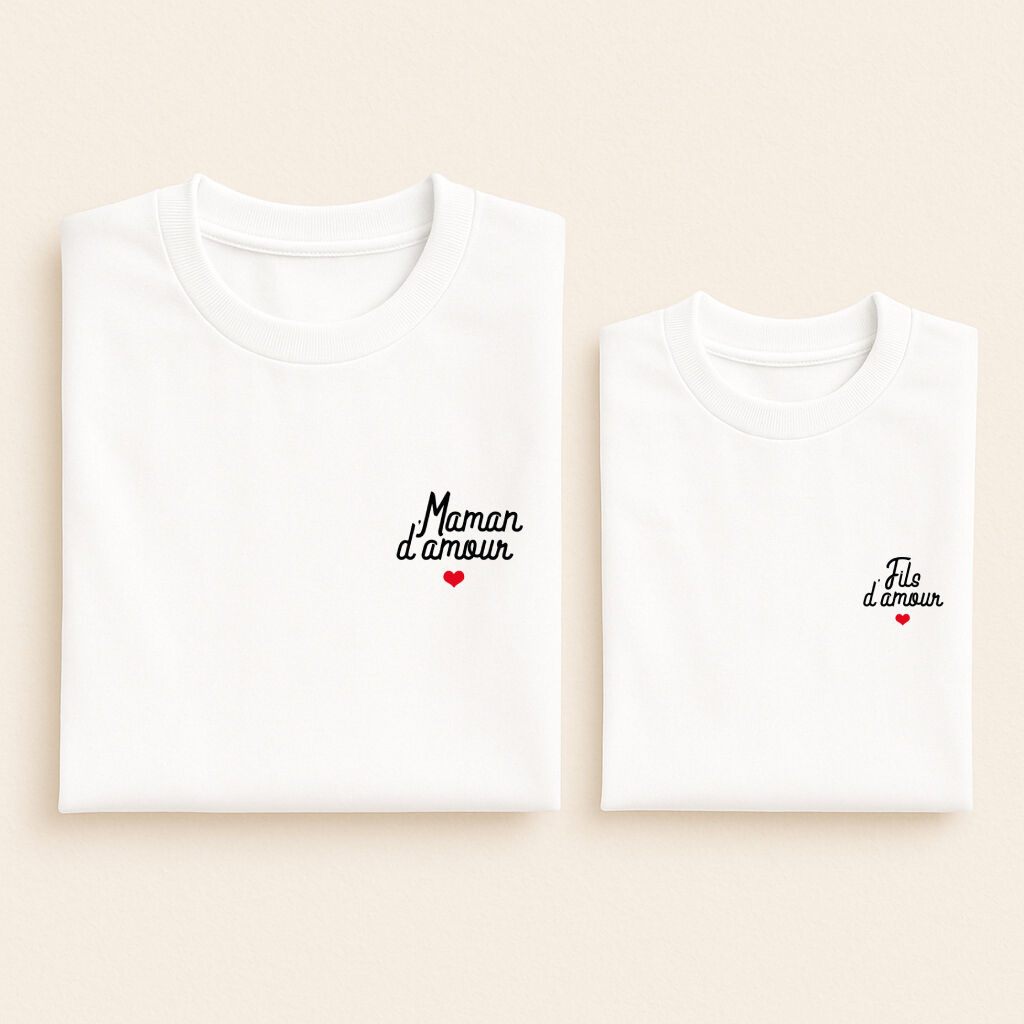 t shirt assorti amour script maman fils blanc 04