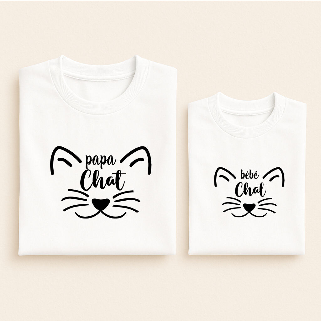 t shirt assorti tete de chat papa bebe blanc 01