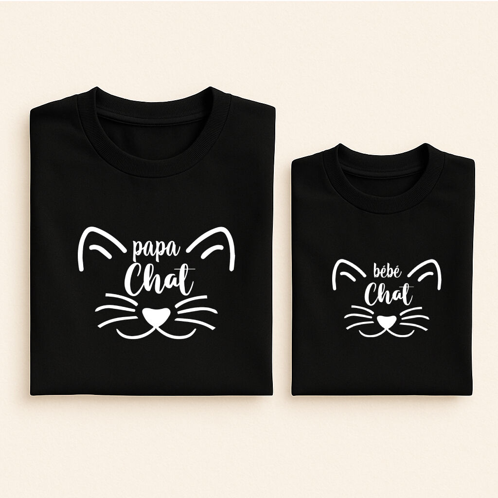 t shirt assorti tete de chat papa bebe noir 02