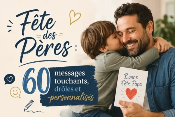 Petit garçon qui embrasse son papa souriant tenant une carte Bonne Fête Papa, idées de texte fête des pères